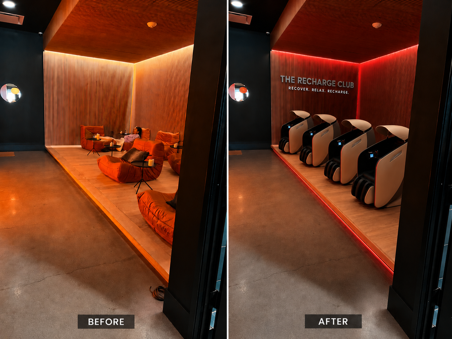 Visualization: a lounge space with existing seating shown alongside the same space fitted with Lemo recovery chairs